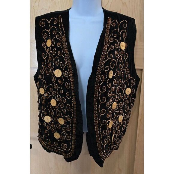 Vintage Effect Black Velvet Embroidered Vest W/Tie Back & Beaded Swirl Design - Picture 1 of 7